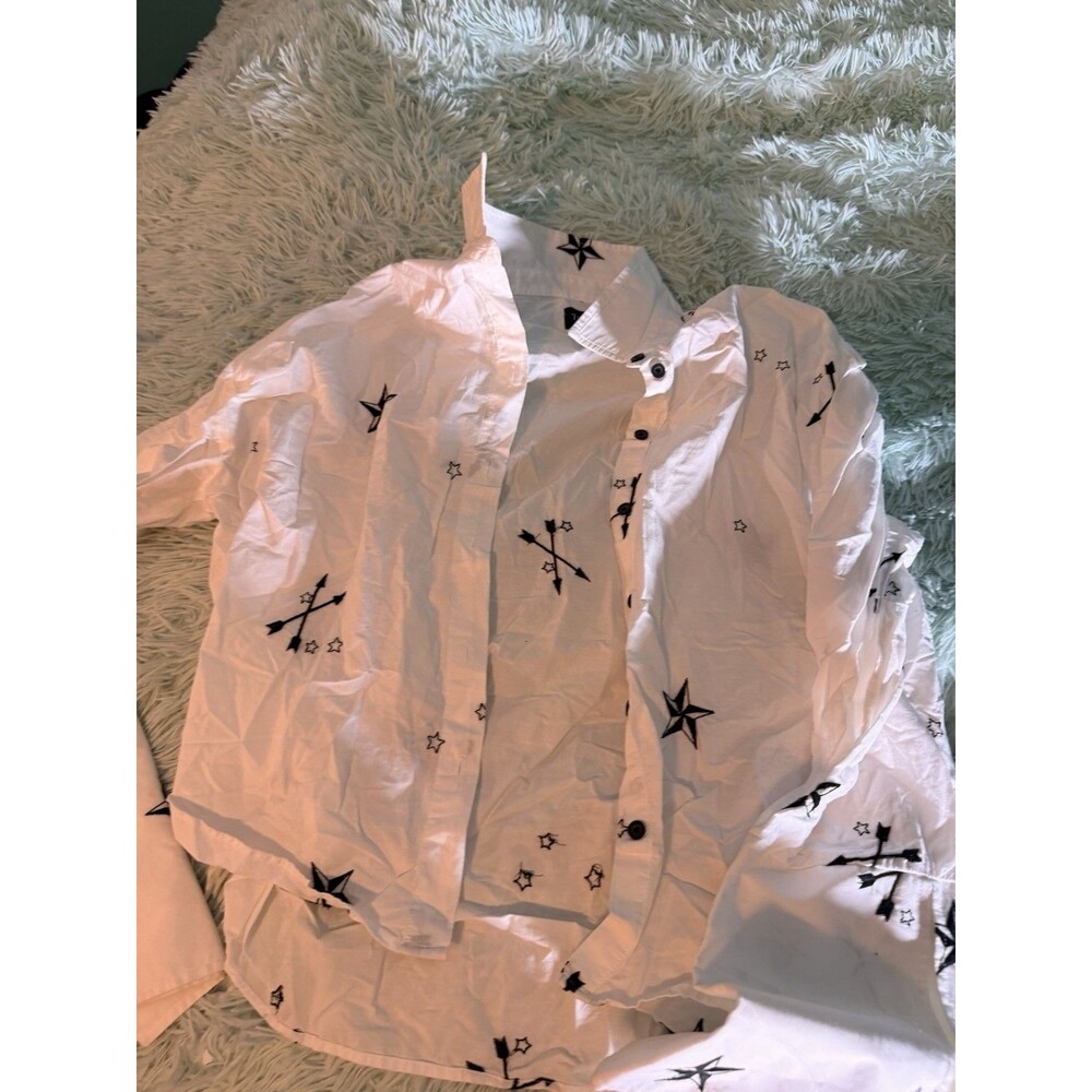 TopShop Nordstrom White Long Sleeve Button Up Shirt Embroidered Stars Arrow Sz 6